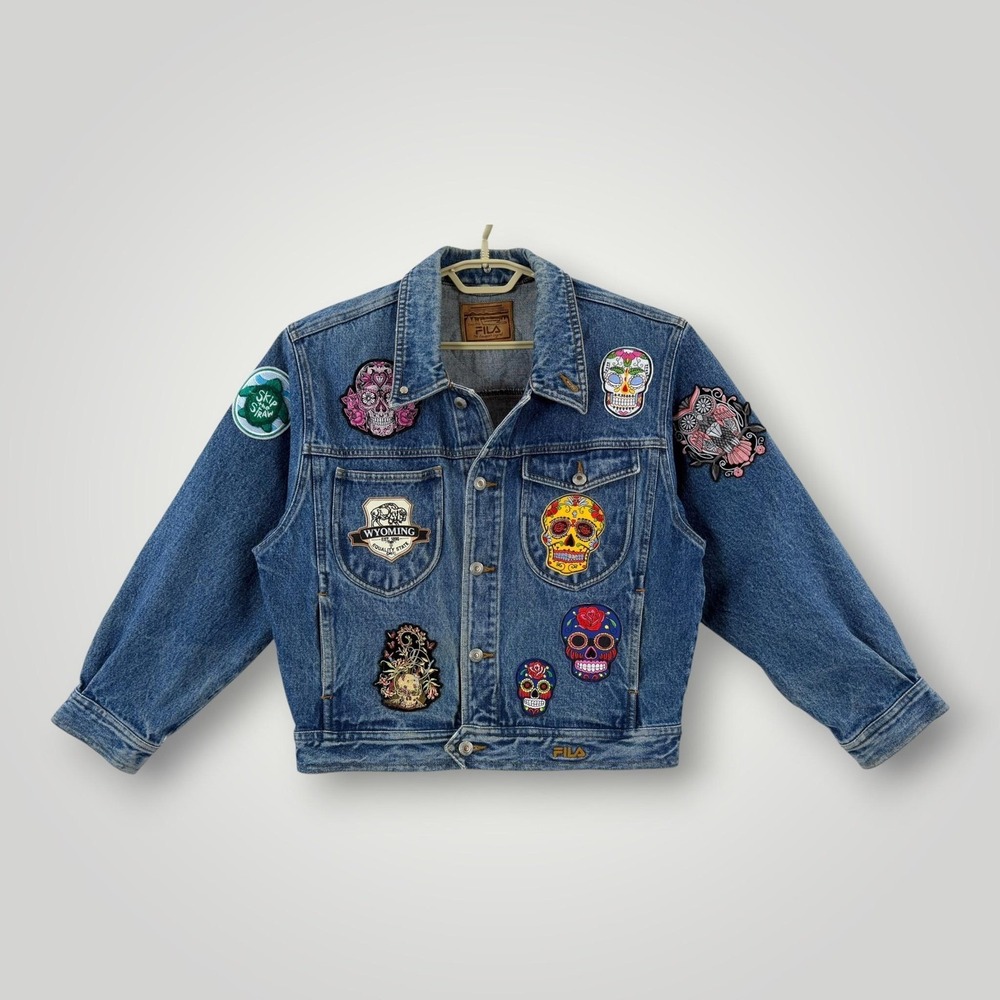 Vintage FILA Denim Jacket Mens L Patchwork Peace Skull Hong Kong